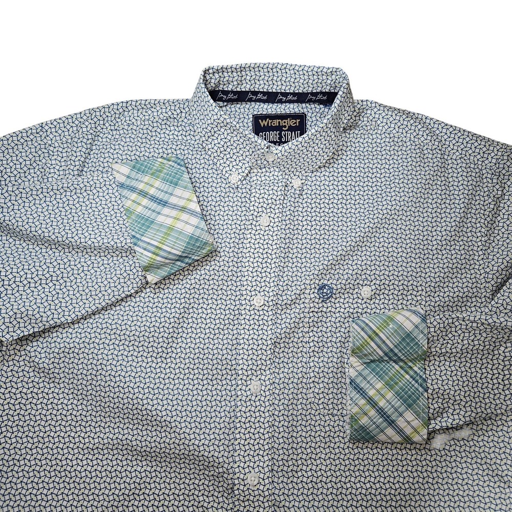 Wrangler George Strait Flip Cuff Shirt Men L Blue Geo Plaid Button Up Preppy